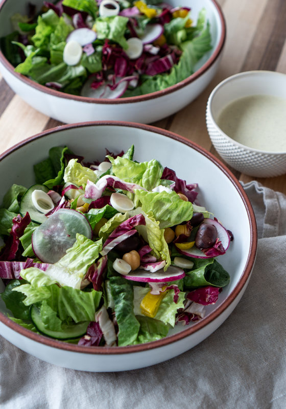 vegan chopped salad with creamy red wine vinegar dressing
