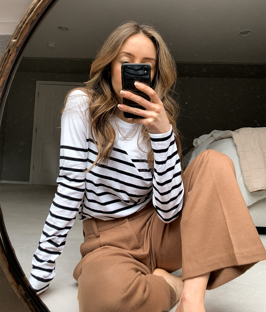 soft tailored pants and stripes minimal work from home outfit